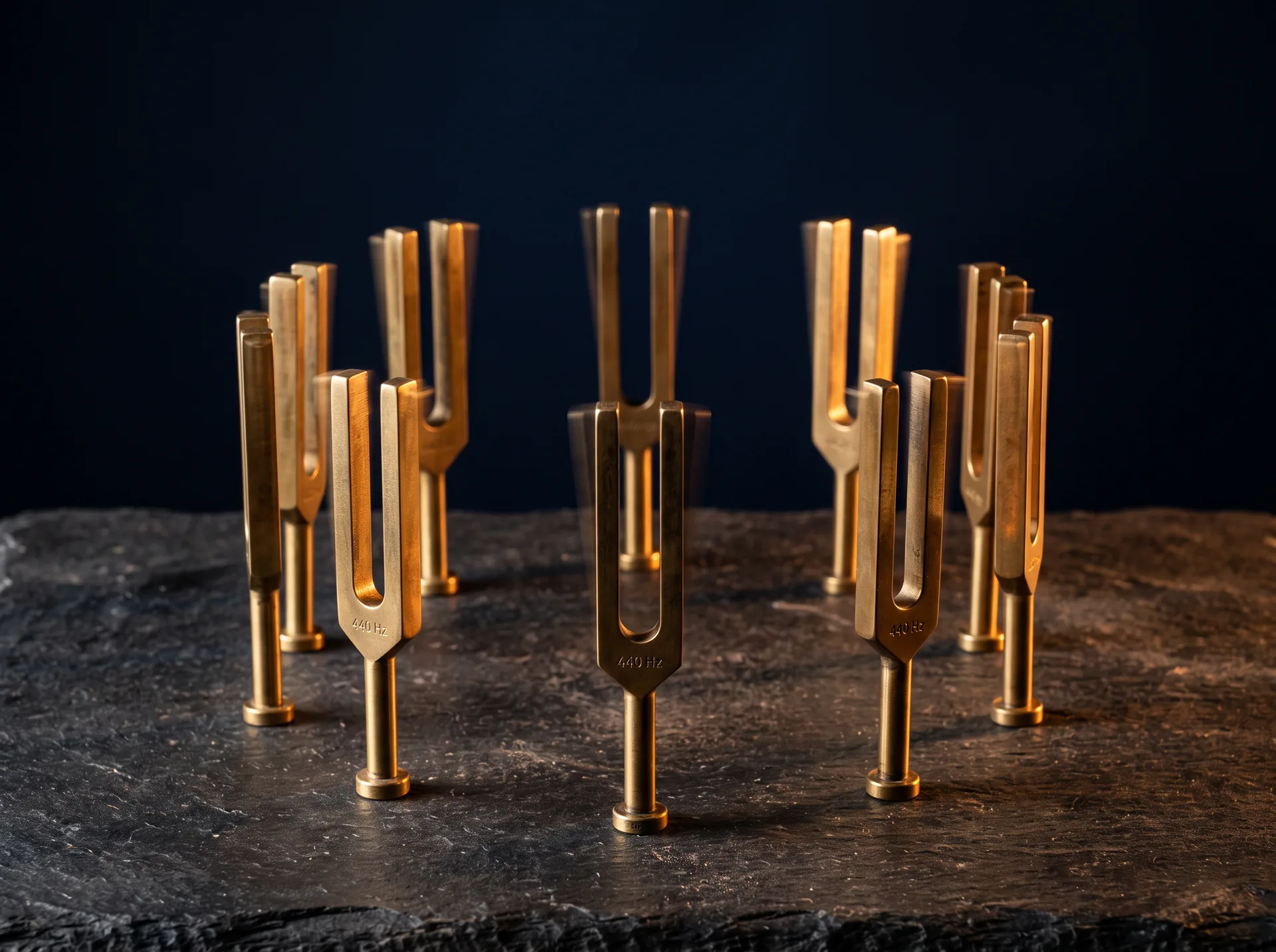 Seven brass tuning forks resonating together on dark stone